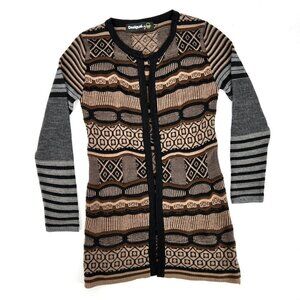 Desigual Jers Dounty‎ Longline Cardigan Duster Brown Fair Isle Size M